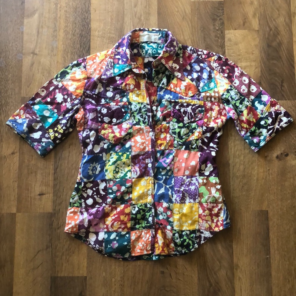Vintage batik madras as button down ladies blouse